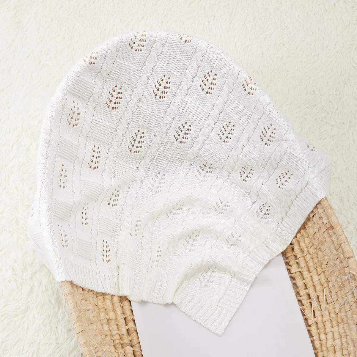 Neutral Cotton Knit Blanket Leaf Pattern Soft Warm Toddler Blankets Receiving Swaddle Crib Stroller Blanket for Baby