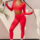 Leggings Fitness Set 2021 New Style Fitness Custom Logo Red Women Long Sleeve Top And Leggings Yoga Sets