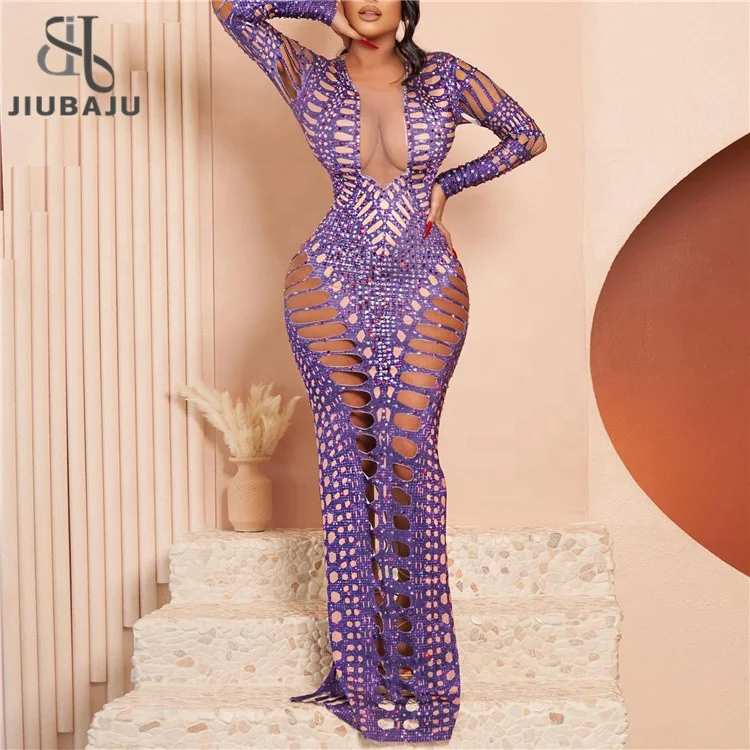 See Through Deep V Neck Long Sleeve Women's Maxi Prom Dress Diamond Hollow Out Sexy Party Evening Dresses