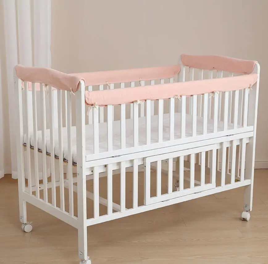 4PCS Organic Cotton Muslin Baby Crib Bumper Cover Protector Set for Standard Cribs Long Rail Reversible Teething Crib Rail Cover