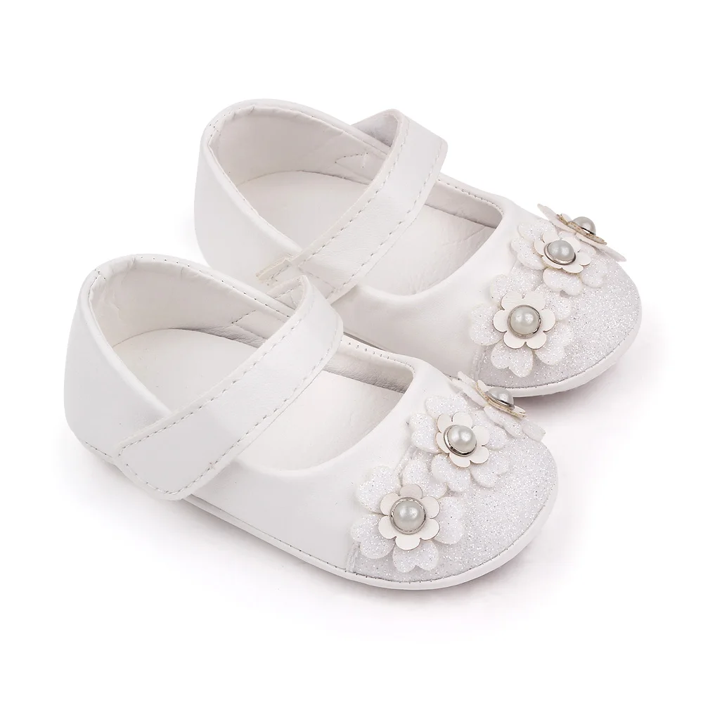 Solid Color PU Leather Glitter Pearl Flower Baby Girls Soft Soled Cute Princess Shoes factory