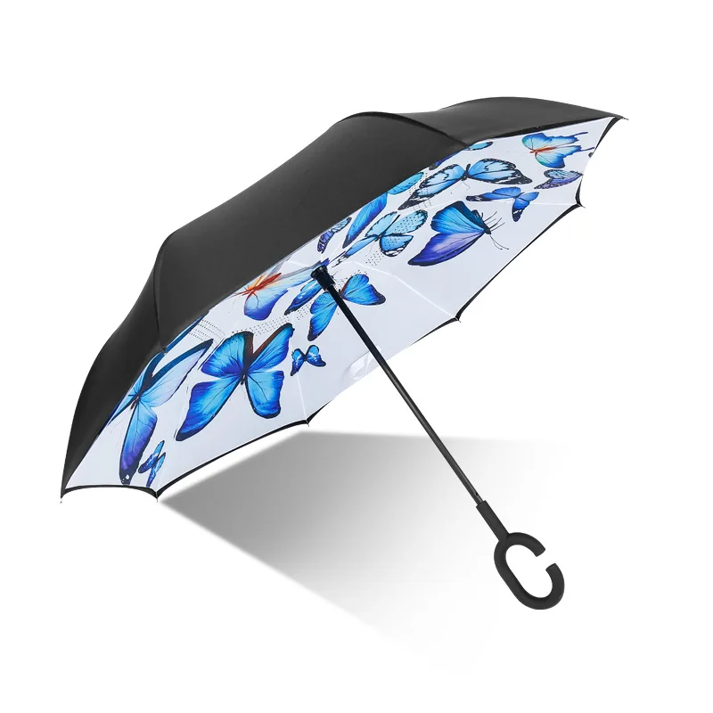 ZD080 Wholesale Large Double Layer Inverted Parasol Car UV Protection Straight Umbrella Big C-Shaped Handle Reverse Umbrella