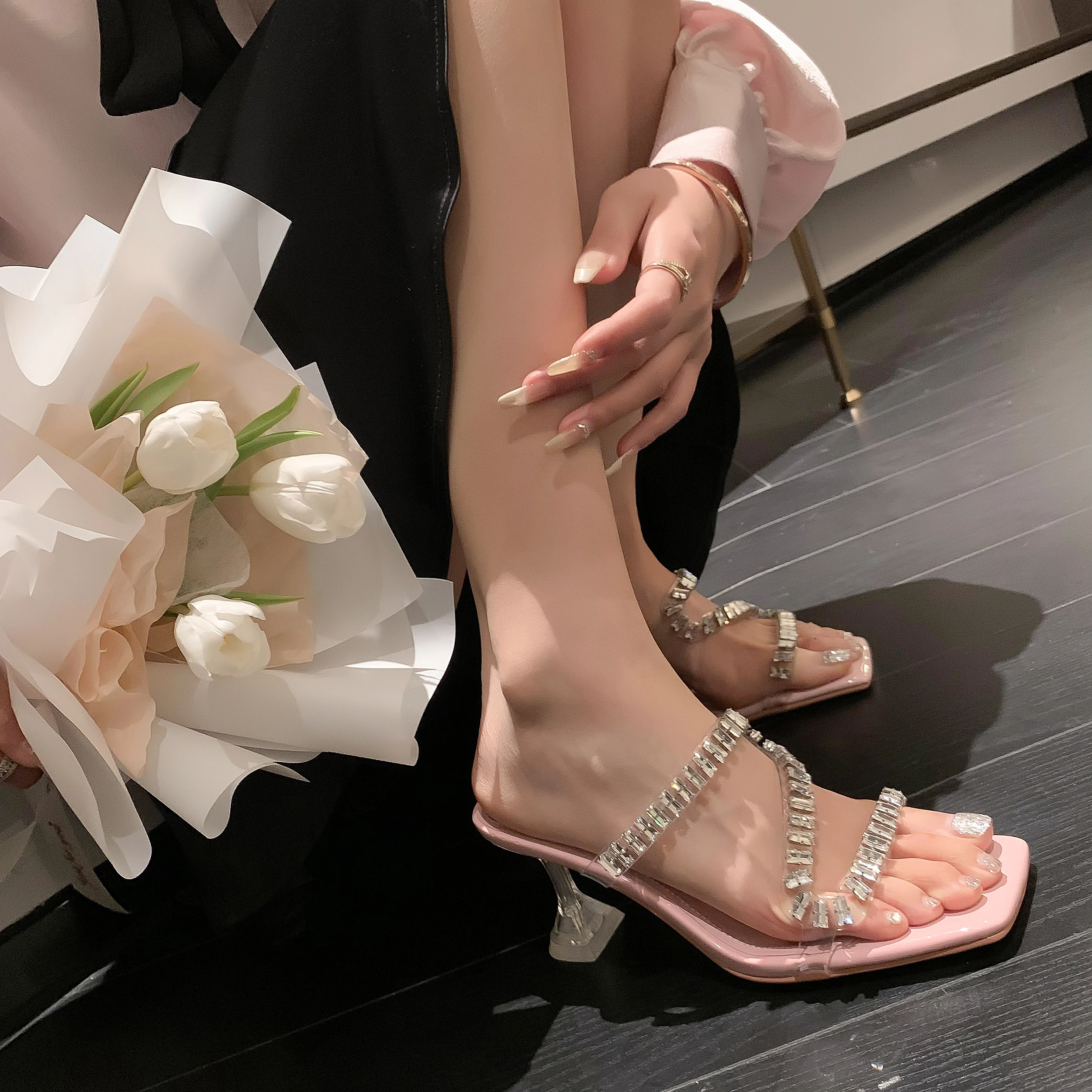 New Arrivals Summer Fashion Ladies Shoes Square Toe Stiletto Pink Transparent sandals Vamp Rhinestone open-toed Women Slippers