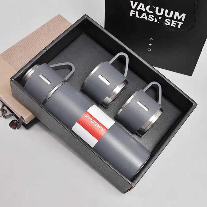 New Arrival Stainless Steel Hot Water Bottles With Three Lids Business Travel Thermos Cup Portable Vacuum Flask Set