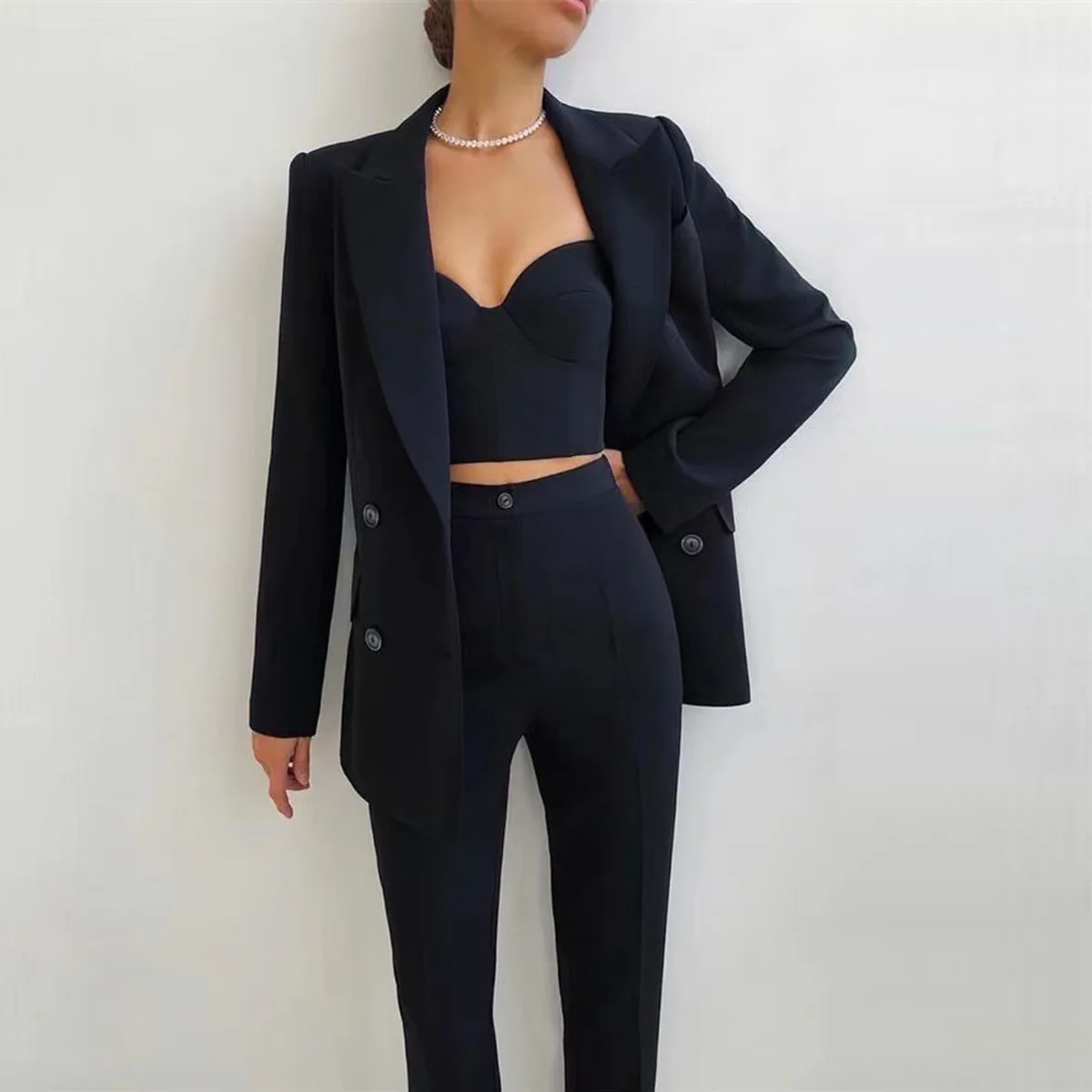 Latest Fashion Cotton Solid Color Blazer Set For Women 3 Piece Set Office Outfit Double Breasted Office Suits Set For Women