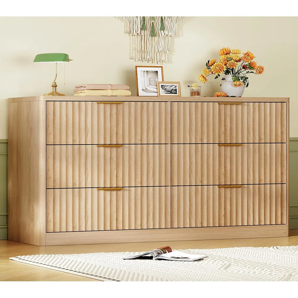product modern 6 drawer wide fluted chest of drawers metal handles curved profile design wood material for bedroom living room storage-7