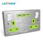 Electrical Double Switched Fast Charging Power Socket With 2 USB Charging Ports 13 A Brushed Steel With Grey Inserts
