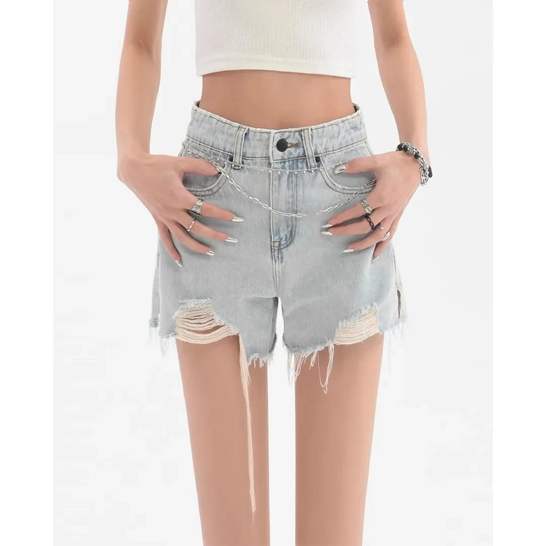 Women's high-waisted skinny stretch denim shorts Casual summer wear with ripped hem short jeans