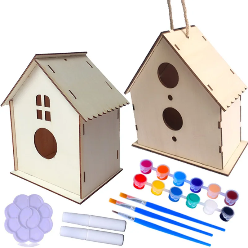 Castom Diy Bird House Kit Packs Wooden Doodle Birdhouses Set Arts
