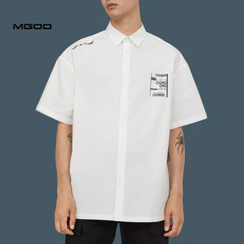 MGOO Cream White Boxy Short Sleeve Button Up Shirts Men Print Oversize Cotton Poplin Shirts