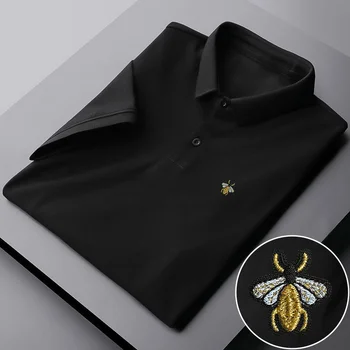 2025 new men's long sleeved casual simple embroidered bee pattern polo shirt ice silk lapel Paul T-shirt