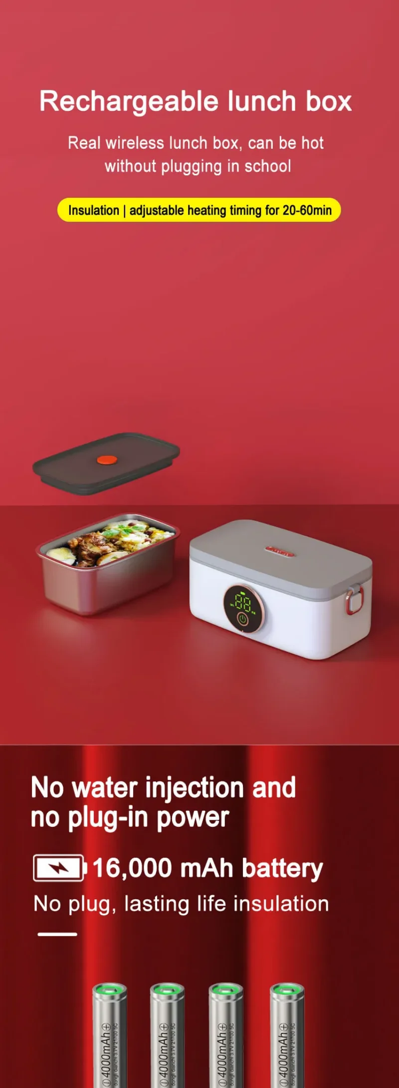 New Portable Electric Heating Lunch Box Wireless Usb Rechargeable Free