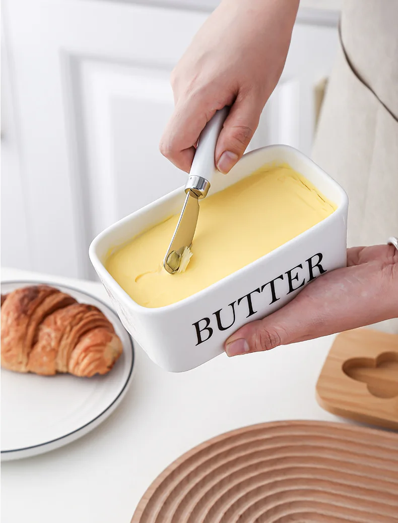 Large Butter Container Box, Ceramic Butter Dish with lid and knife, Butter Keeper with Cover and Silicone Sealing
