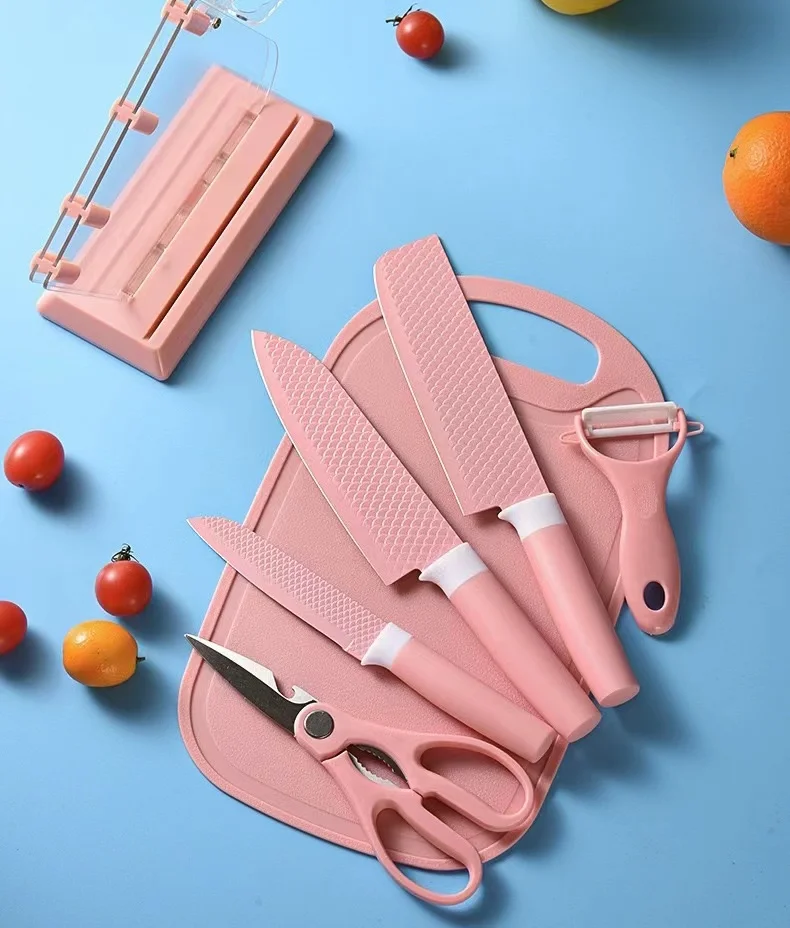 New Design Multifunctional  Non-stick Coating Blue/Pink Kitchen Knife Set  Steak Cutter Knives with Chopping Board