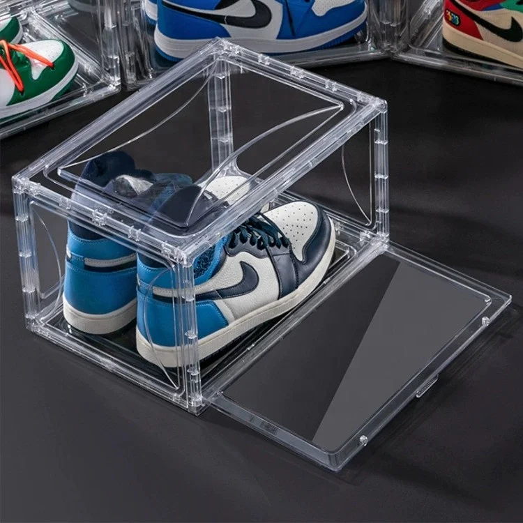 Fully Transparent Customizable Plastic Display Rack Personalized Magnet Side Open Shoe Box for Household Use
