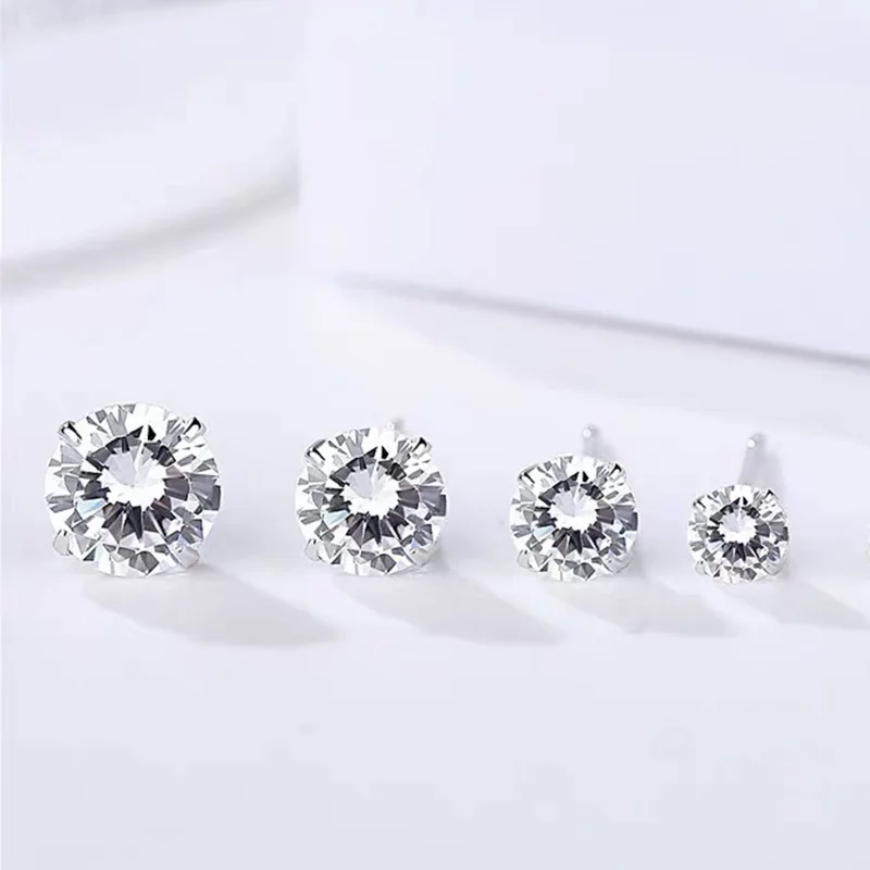 Korean Luxury S999 Sterling Silver Zircon Claw Stud Earrings For Women Minimalist Shiny Cz Earrings Jewelry