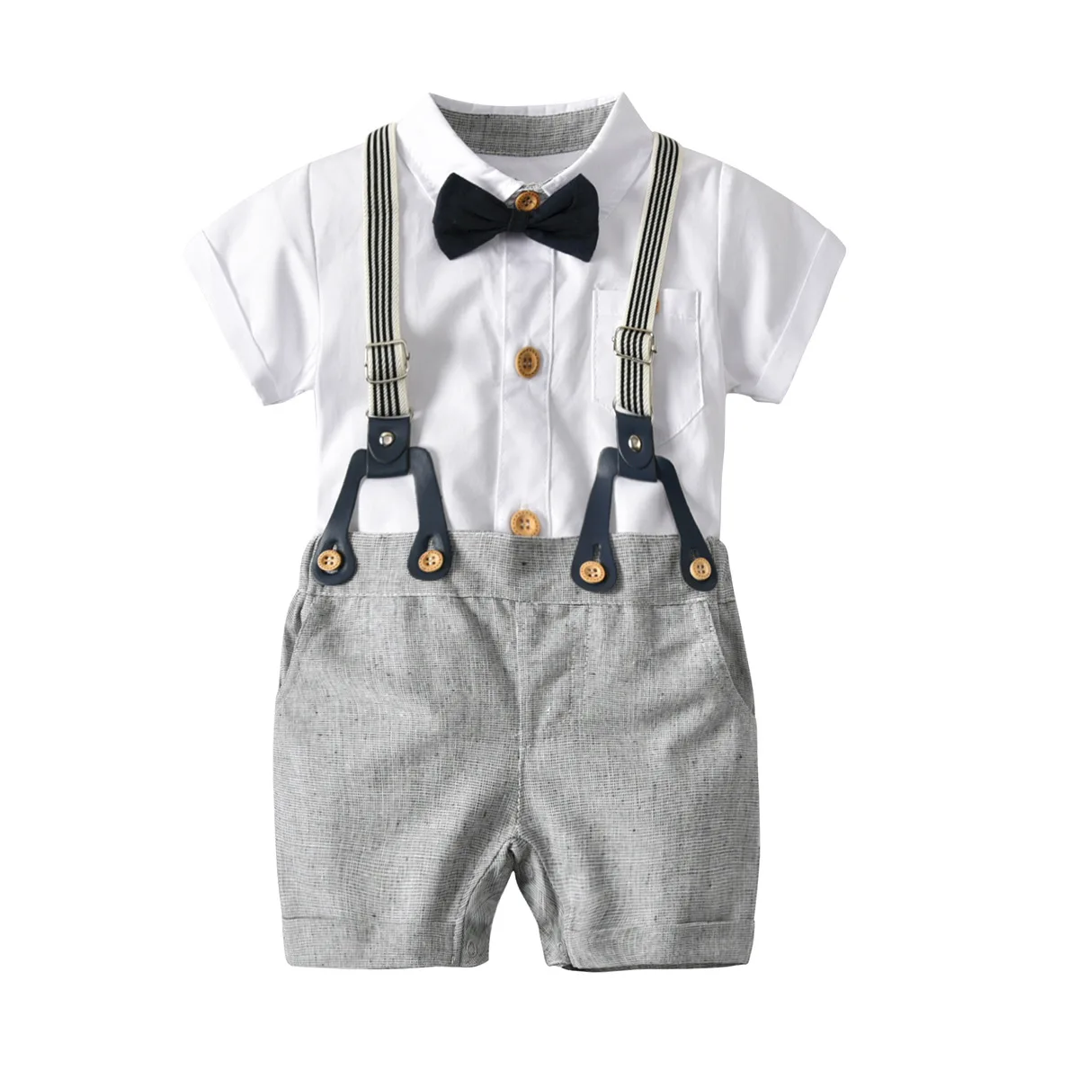 Baby Boys Formal Suit Gentleman Bowtie Romper Suspenders Shorts Wedding Tuxedo Outfit Cake Smash Christening Clothes 
