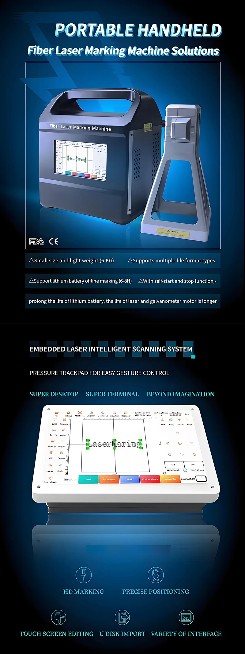 Portable Optical Handheld Fiber Laser Marking Machine New Mini Small Laser Marker for Metal Tyre Resin Supports DXF BMP AI