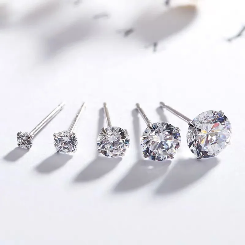 Korean Luxury S999 Sterling Silver Zircon Claw Stud Earrings For Women Minimalist Shiny Cz Earrings Jewelry