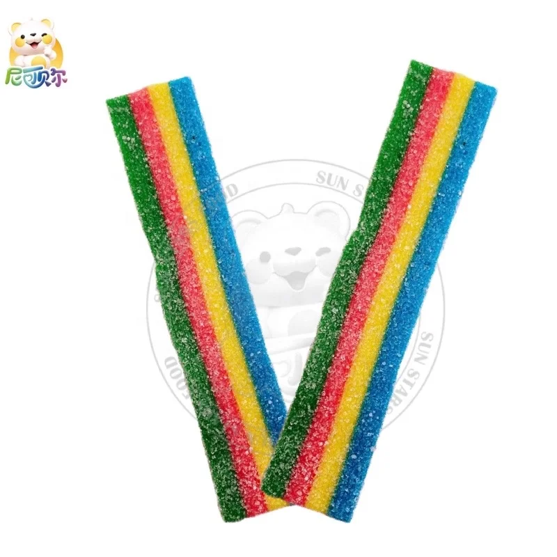 Halal Gummy Candy Sugar Coated Rainbow Sour Belts Soft Candy Sour