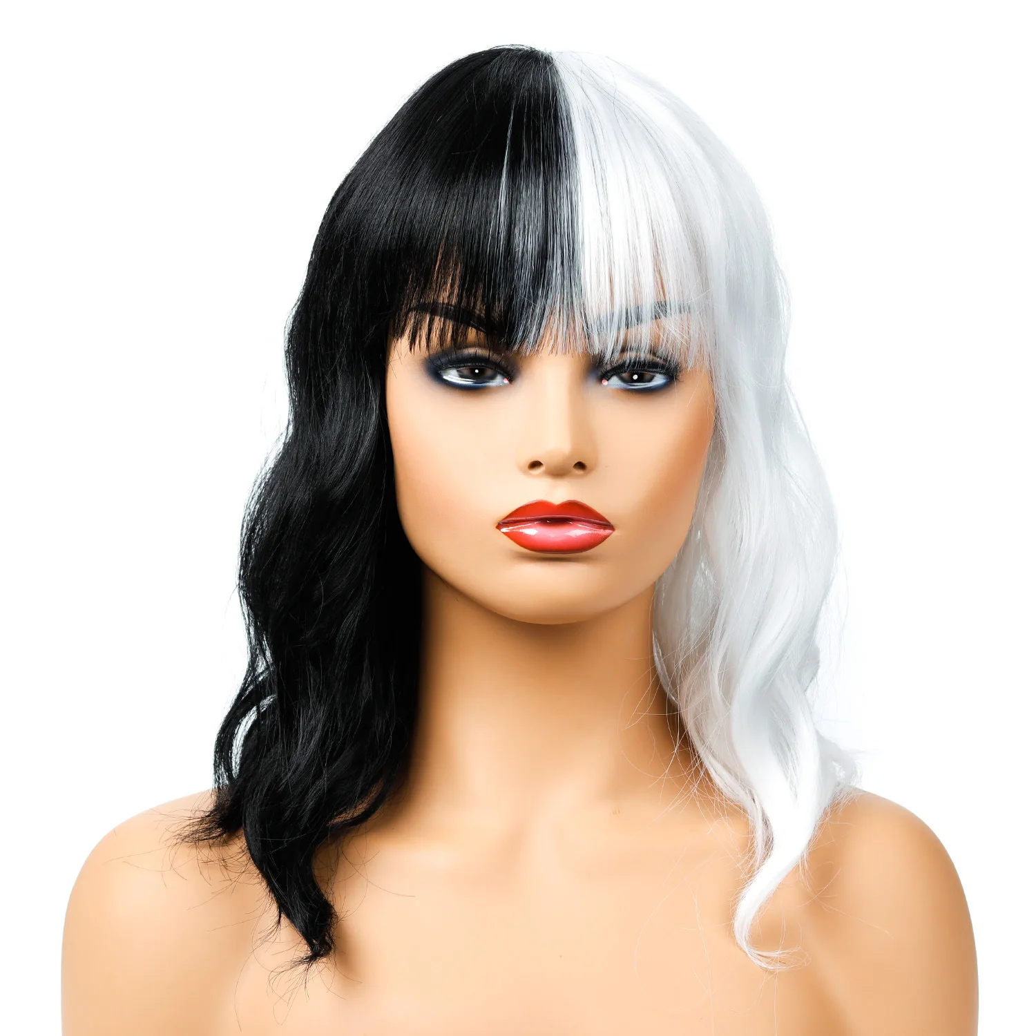Black White Wig Half Black And Half White Women Wig Cosplay Short Curly 