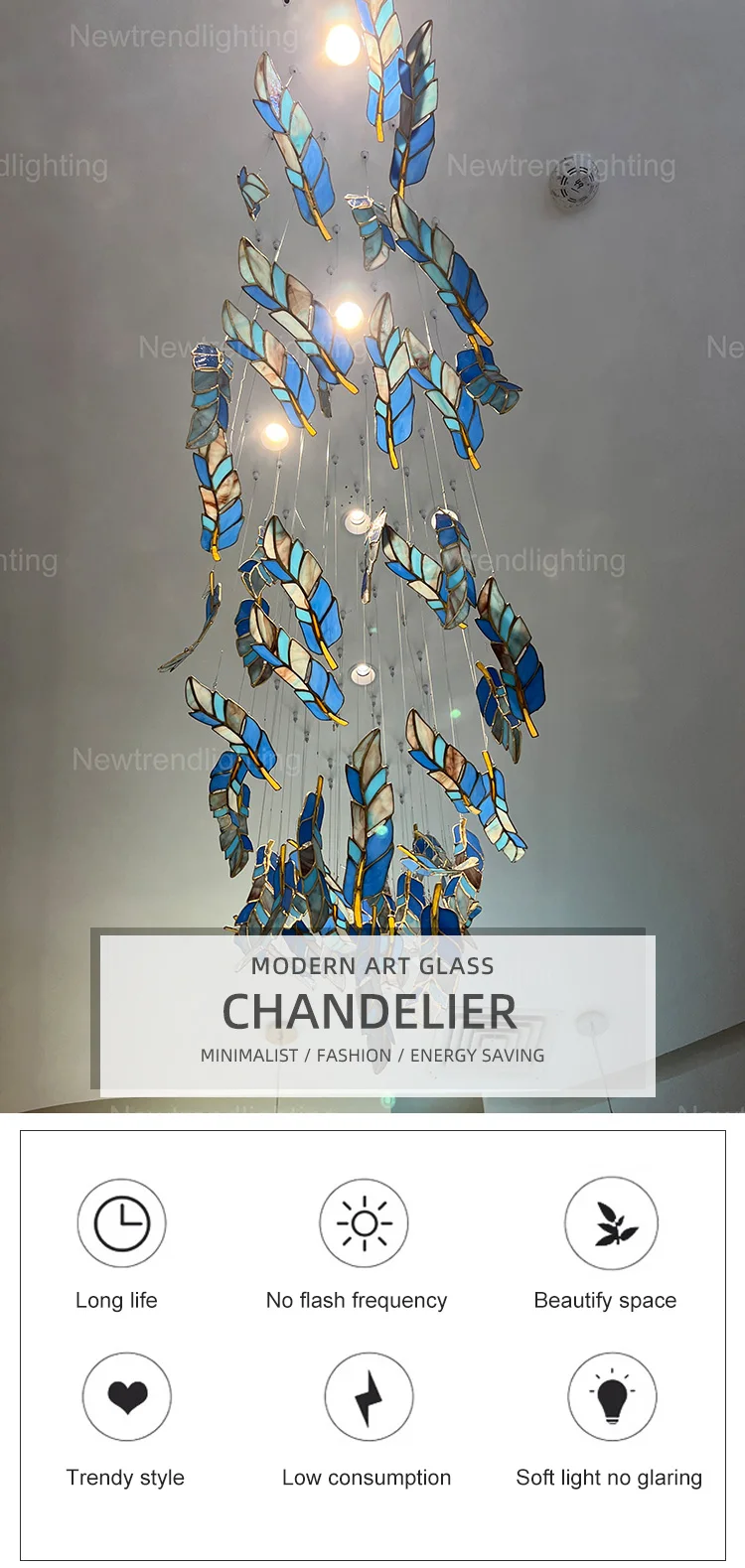 CPL-288 Elegance Design Indoor Decoration Hanging Pendant Light Hotel Lobby Hall Villa Staircase Glass LED Chandelier supplier