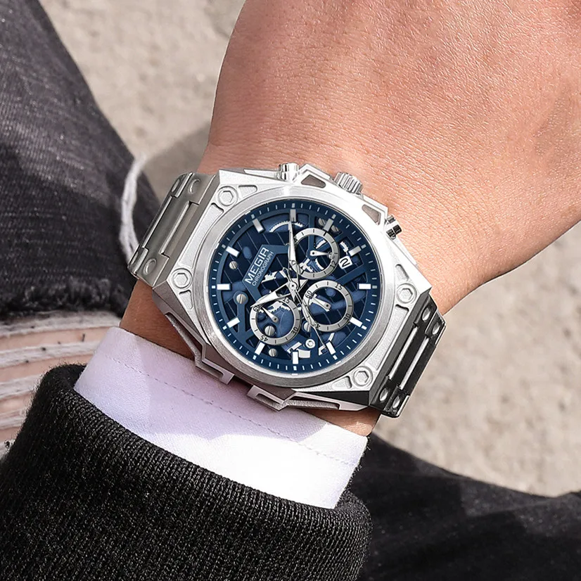 Fast Selling MEGIR 4220G Trendy Alta Qualidade Novo Design Personalizado Logo Chic Multifunções Quartz Watch Men Stainless Steel Band