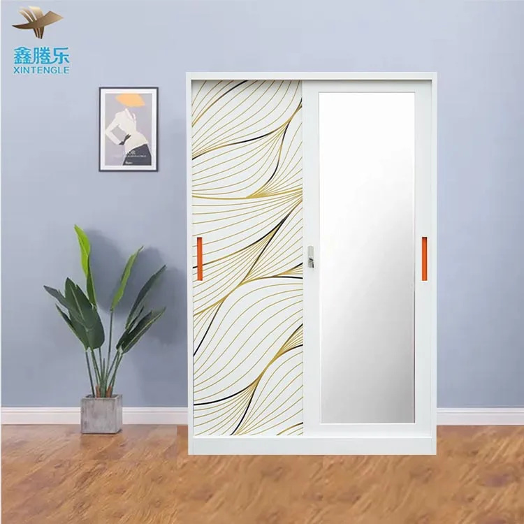 home clothes storage steel closet swing door metal wardrobes with customized printing image 2 door wardrobe Lemari Pakaian