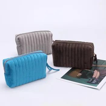 Custom Travel Soft Padded Puffy Toiletry Pouch Quilted Velvet Puffer Makeup Bag Cosmetic Bag