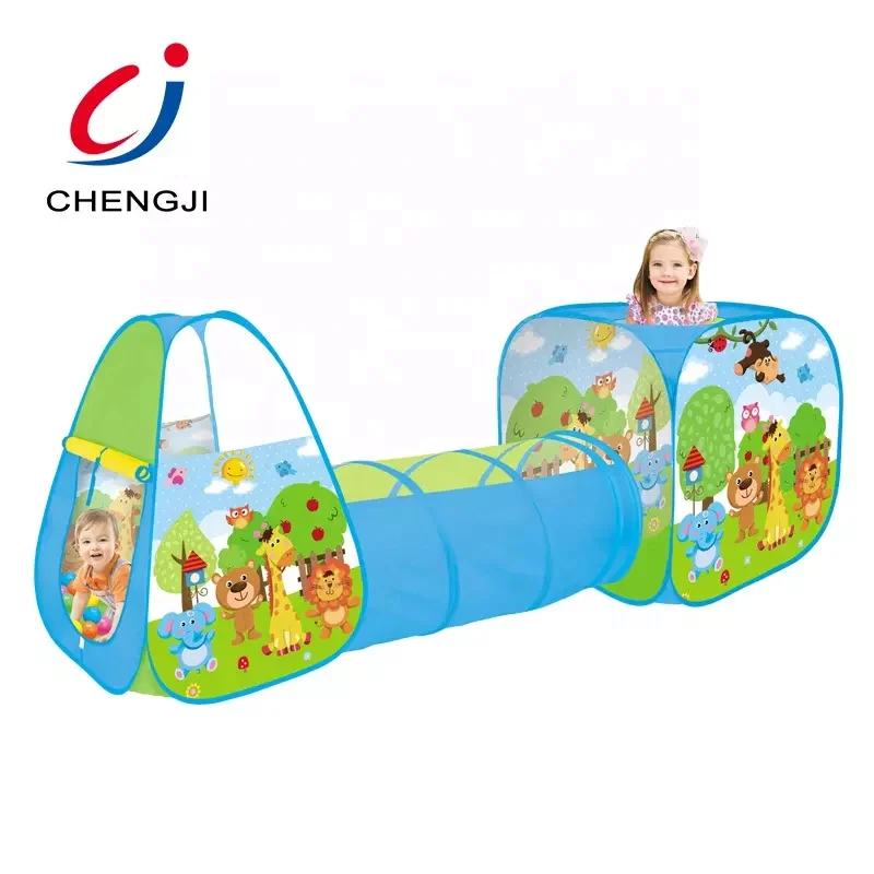 Chengji indoor portable foldable kids tent house playhouse 3 in 1 pop up play tent with tunnel for kids