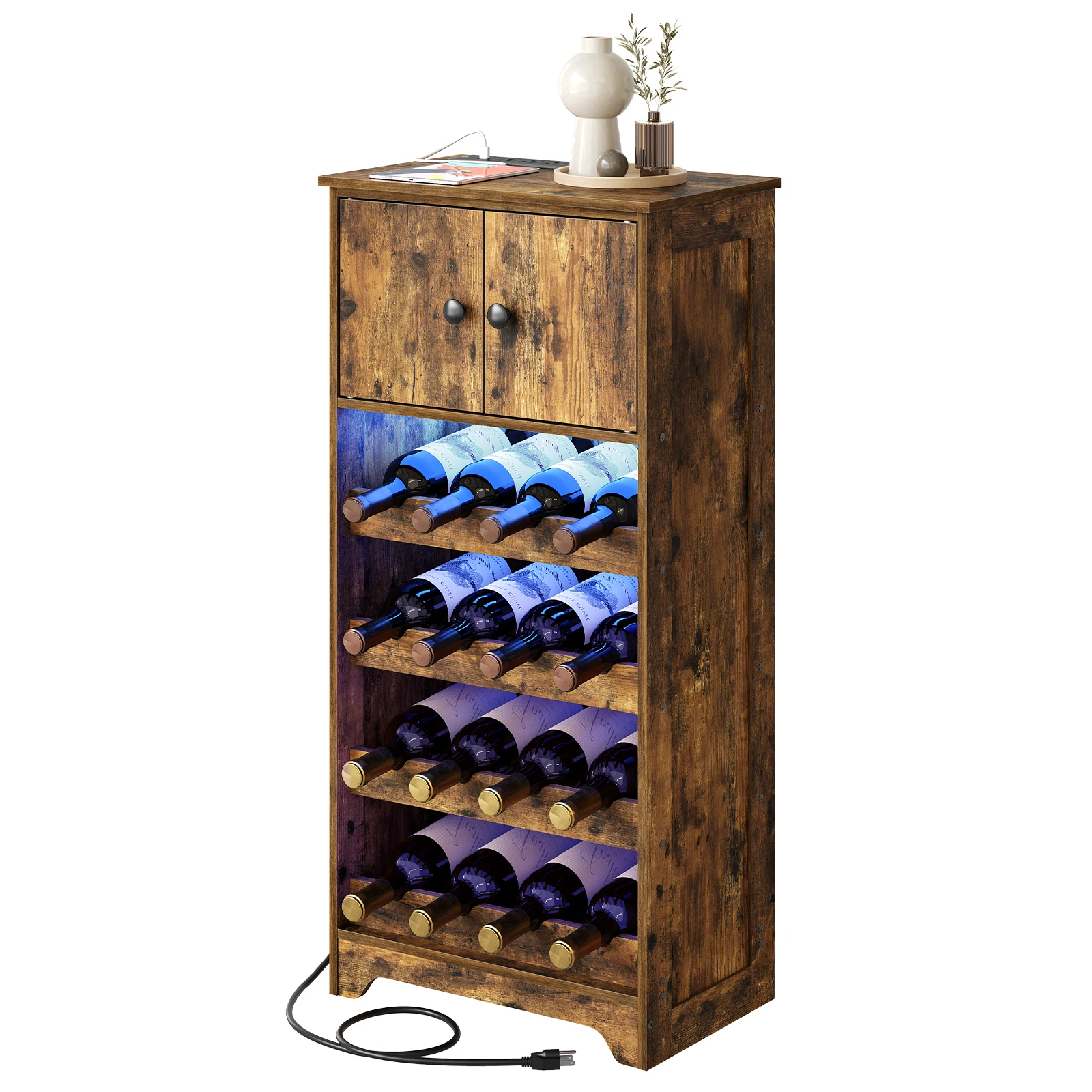 Wholesale Industrial Tall Brown Wood 16 Bottle 4/5 Tier Wine Rack Bar Cabinet With Storage Shelves with Charging Station LED