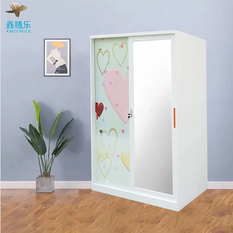 Stainless Steel 2-Door Wardrobe with Sliding Metal Doors Home Furniture Flower Print Storage Cabinet or Lemari Besi