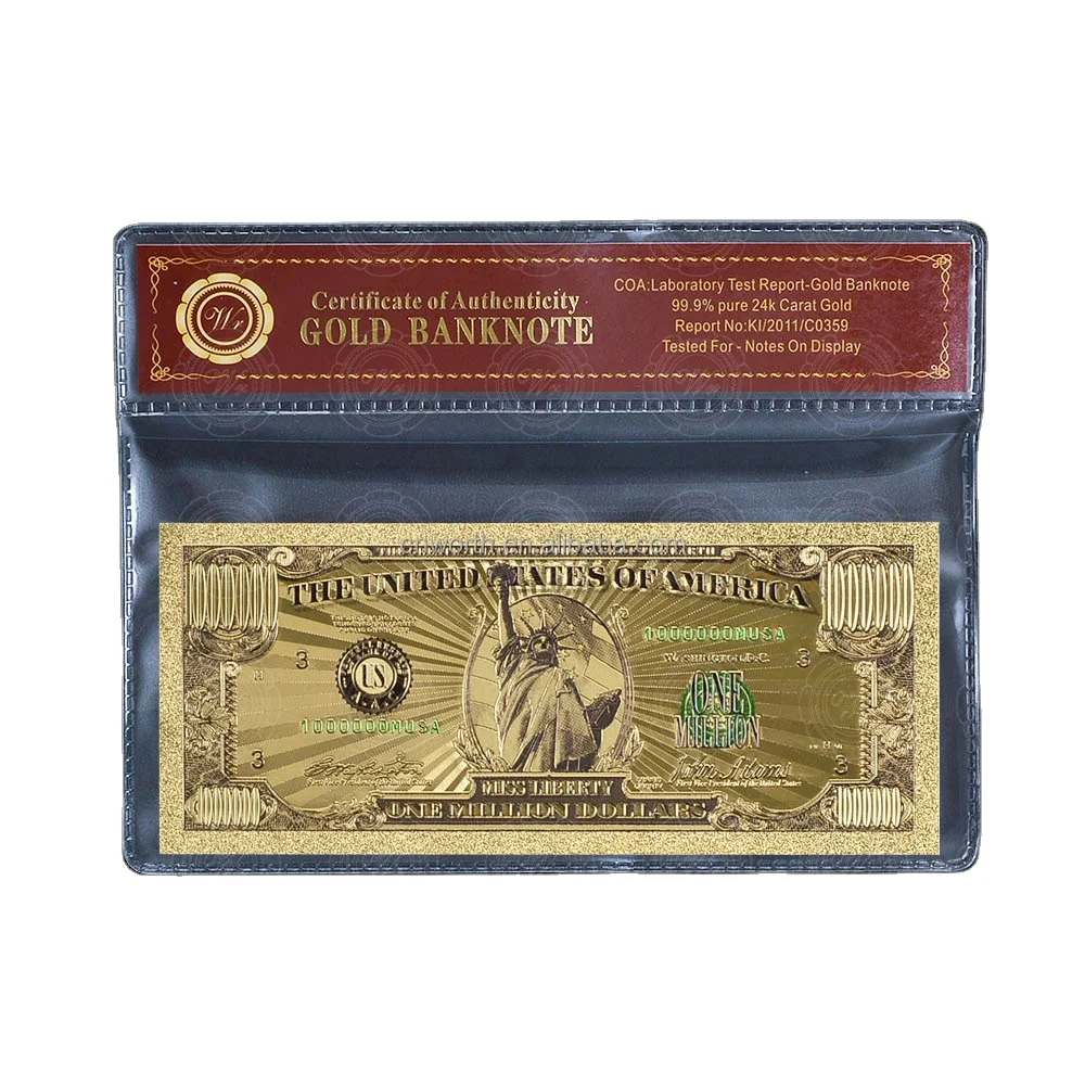 US One Milliond Dollar 24k Gold Plated Gold Banknote World Money with COA Frame 