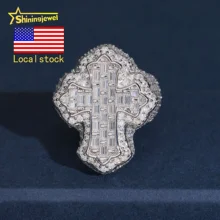 USA Warehouse Shipping 925 Silver Iced Out Baguette Moissanite Cross Ring Custom Hip Hop Moissanite Men's Ring Daily Wear
