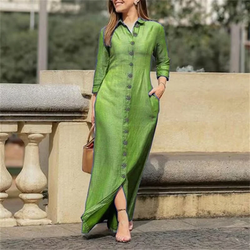 Woman Plus Size Autumn New Casual Long Denim Dress Women's Fashion Solid New Lapel Pocket Button Shirt Dresses factory