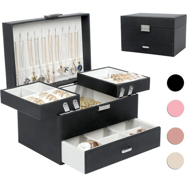 Custom Logo Black Luxury Jewelry Faux Pu Leather Drawer Boxes Jewelry Packaging & Display Pouch And Box For Set Jewelry