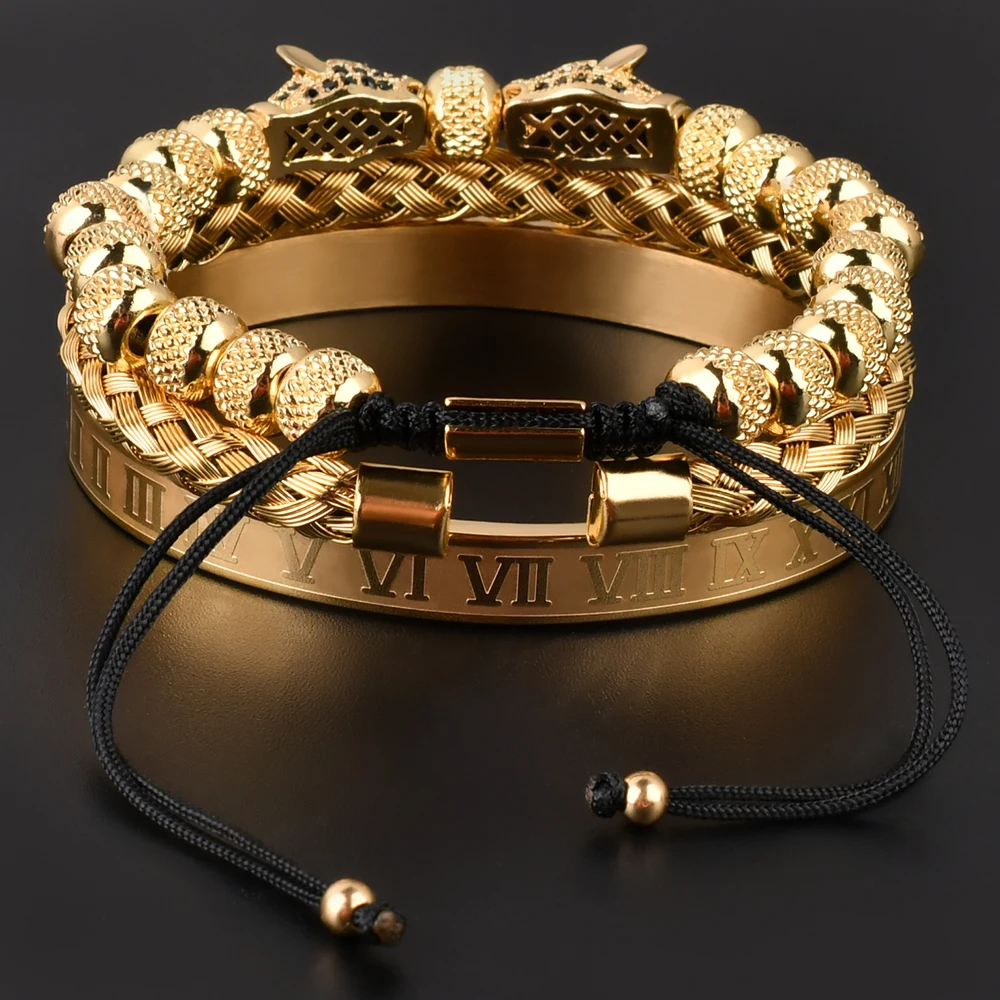 F313 New Design Luxury Stainless Steel Bangle Zircon Leopard Beaded Men Jewelry Braided Macrame Custom Bead Bracelet Sets