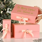 Pink Ribbon Box Costom Pink Magnetic Flip Rigid Paper Packaging Foldable Collapsible Gift Boxes With Ribbon
