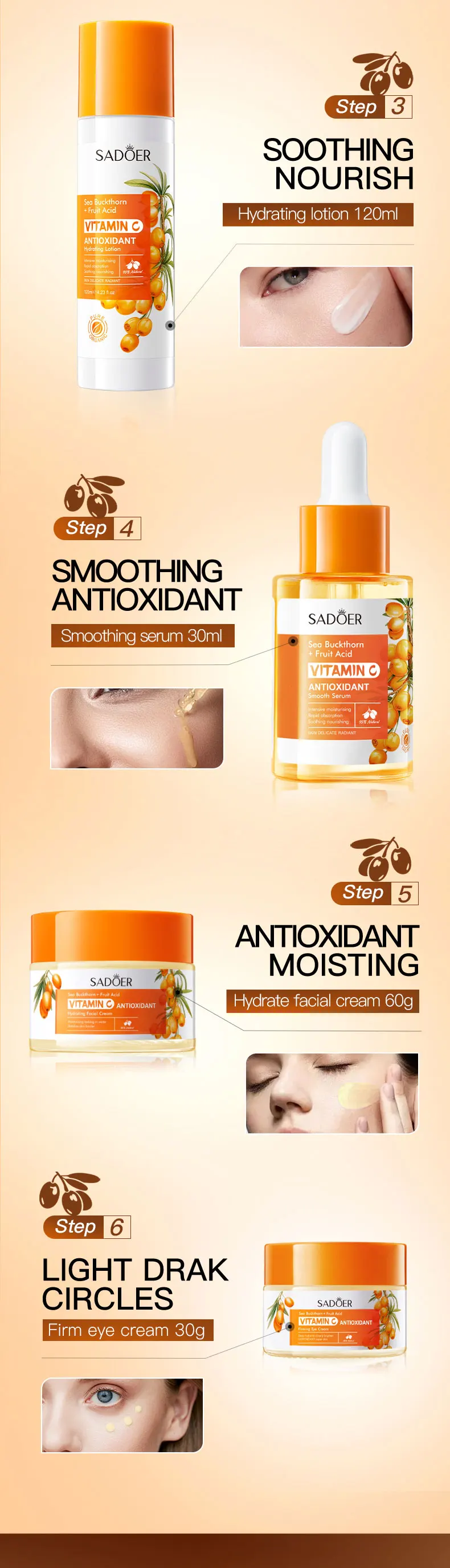 product private label sadoer organic sea buckthorn vitamin c antioxidant soothing six piece skincare gift set moisturizing whitening-7