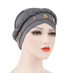 Women Beading Pearl Turban Braid Plait Hat Headband Muslim Middle East Head Wrap Bonnet Hijabs Headscarf Hat