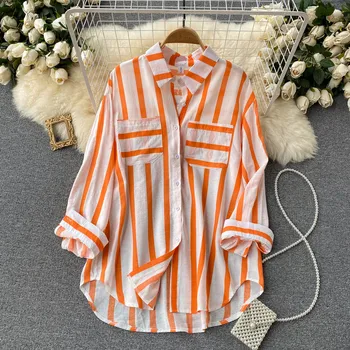 LELE4003 Autumn New Mid-Length Vertical Striped Shirt Coat Female Korean Version Of Casual Loose Lapel