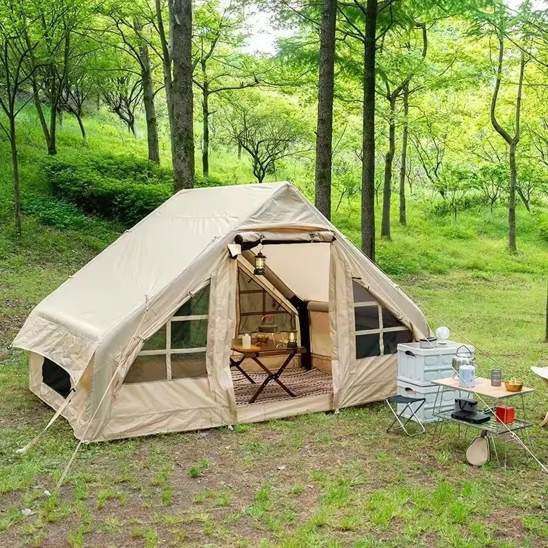 High Quality Customized 4 Season Luxury Large Outdoor Camp Family Air Camping Tent Waterproof PVC Cotton Inflatable Camping Tent factory
