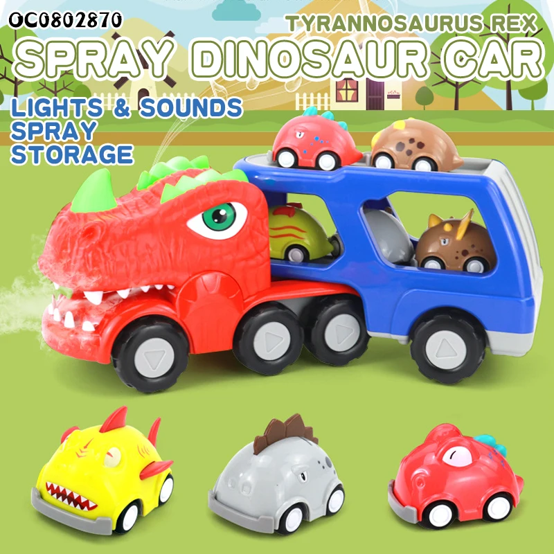 Cartoon lights and sounds plastic dinosaur toys electronic car with mist spray