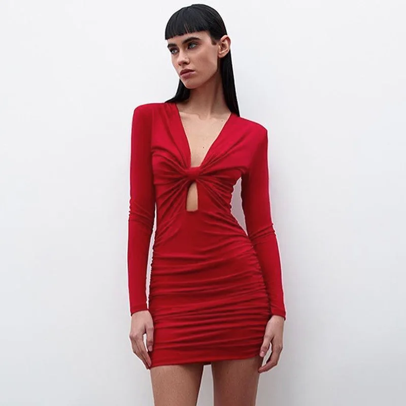 New Solid Color Casual Long Sleeve Kink Pleated Slim Short Hollow-out Dress for ladies