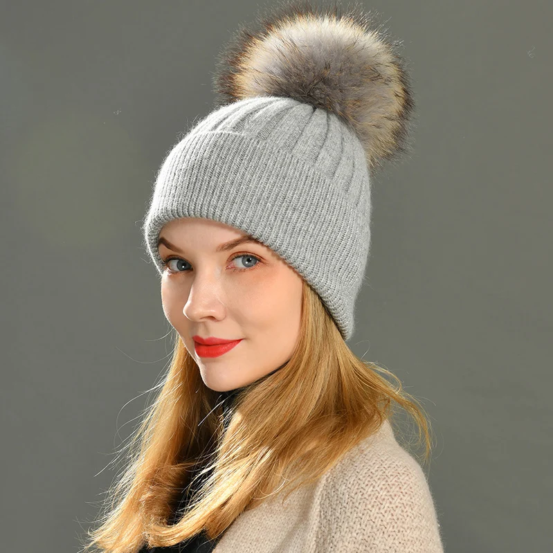 Womens Genuine Real Raccoon Fur Pom Pom Knitted Hat Beanie Bobble Winter Warmer 