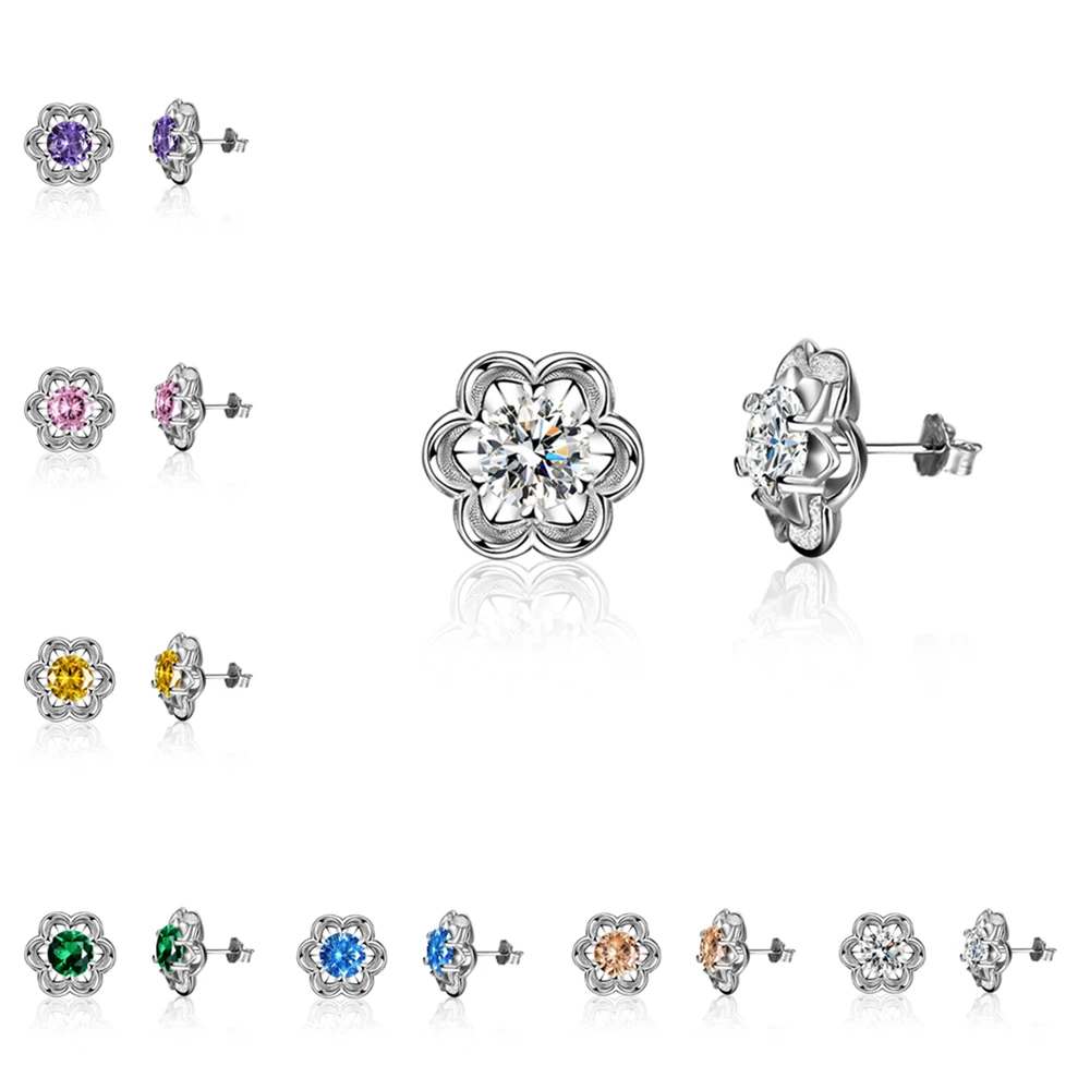 Luxury Fine Jewelry 925 Sterling Silver Cubic Zirconia Wedding Engagement Party Flower Stud Earrings