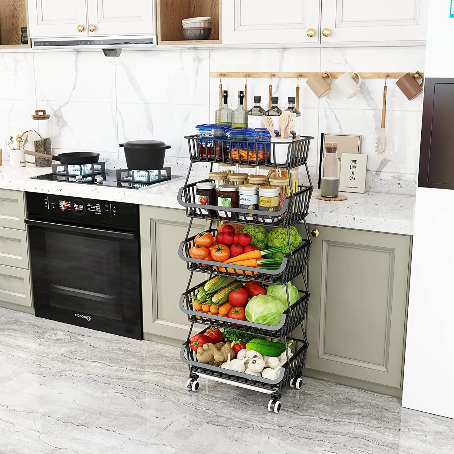Rolling Stackable Baskets 4 Tiers Metal Utility Storage Organizer Cart with Lockable Casters for Kitchen Pantry Bathroom