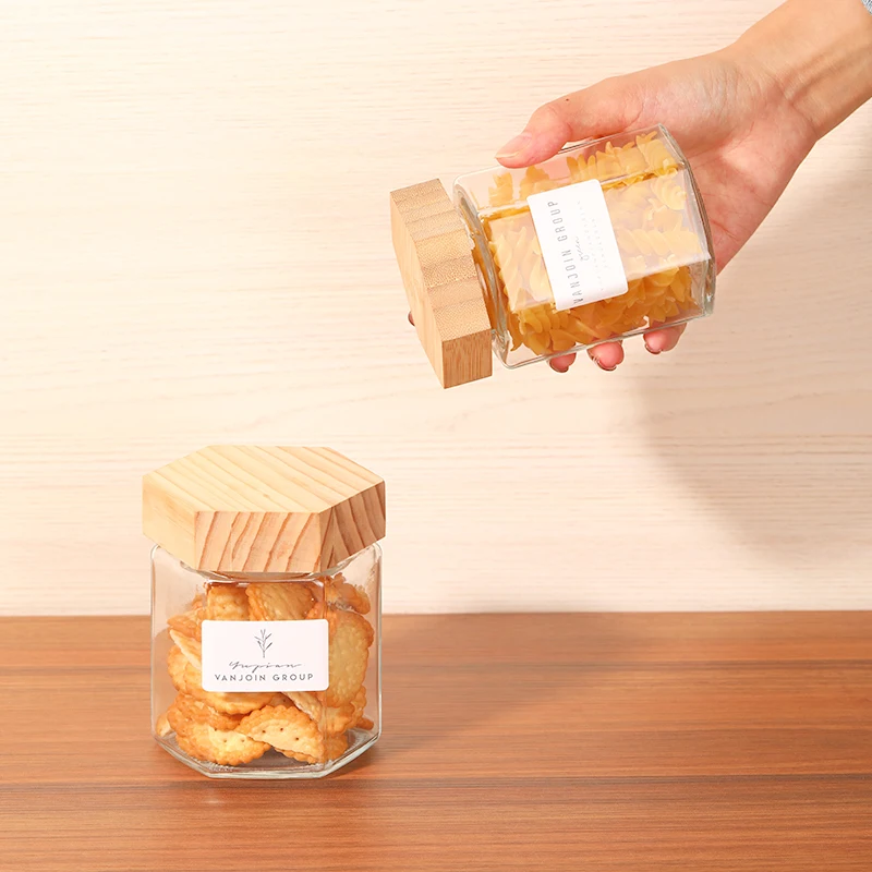 Screen Printing Clear 100ml 280ml 380ml Food Packing Jars Hexagon Glass Container with Wooden Lid for Honey