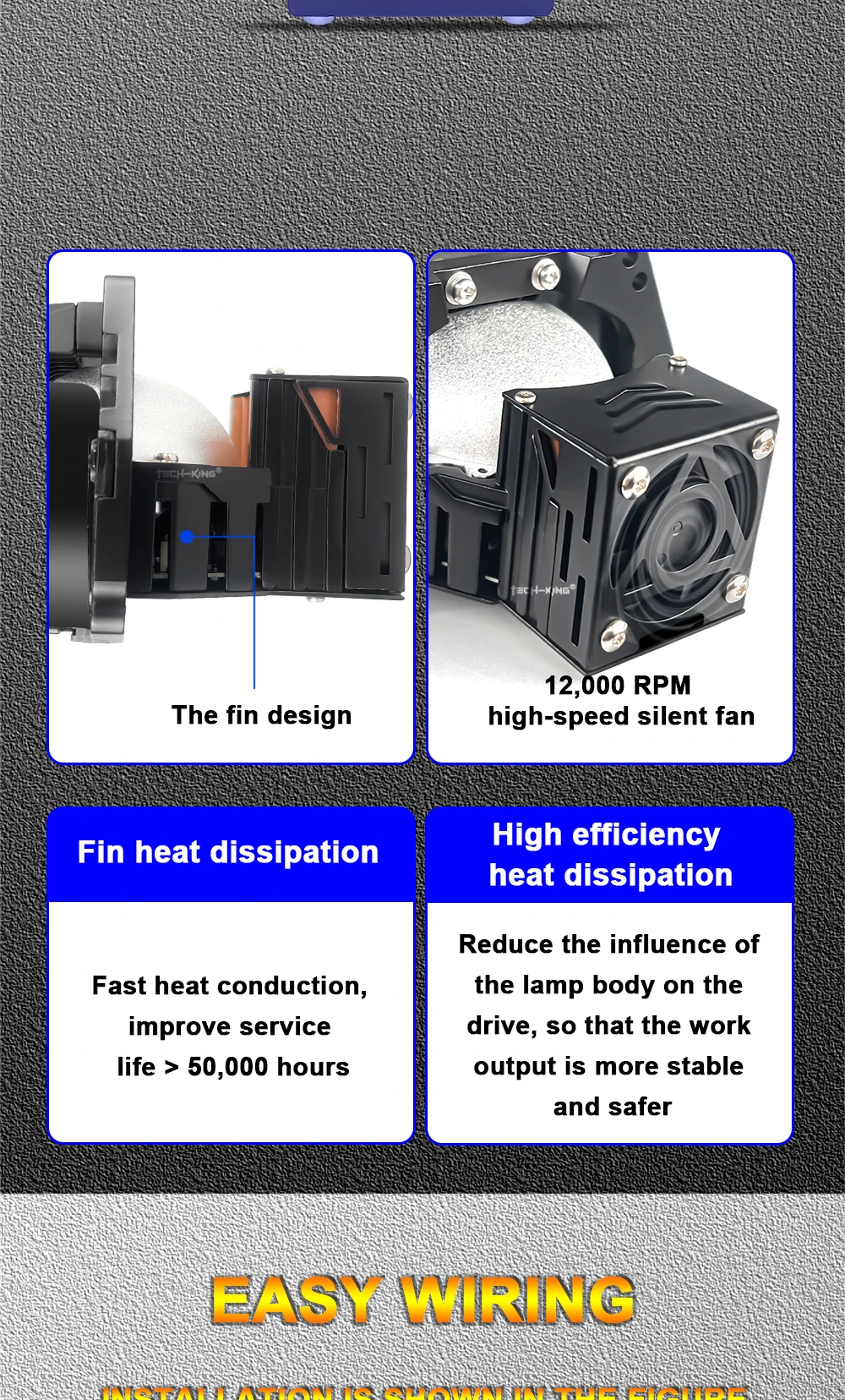 TECH-KING Car LED headlights double lens 3 inch three direct laser light super bright 90 watt high power Projector headlight