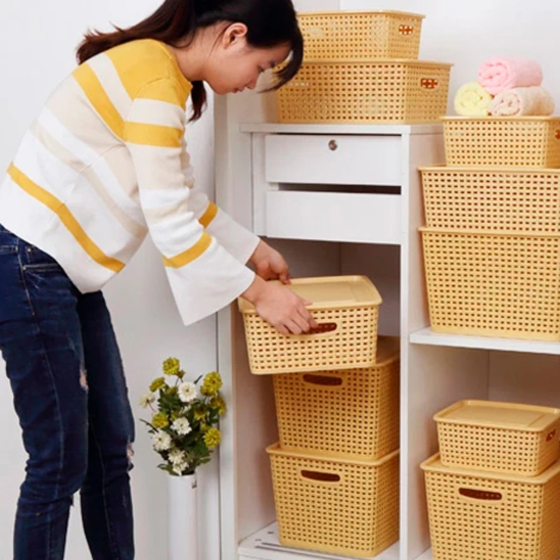 Home Pantry Storage Toy Clothes Storage organization Woven Plastic Storage Baskets With Lid travel laundry basket